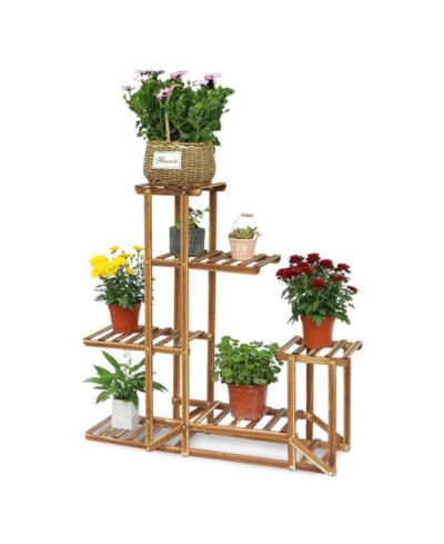UNHO 6 Tier Large Size Flower Planter Rack Plant Stand Garden Decor Planter Display Pine Wood