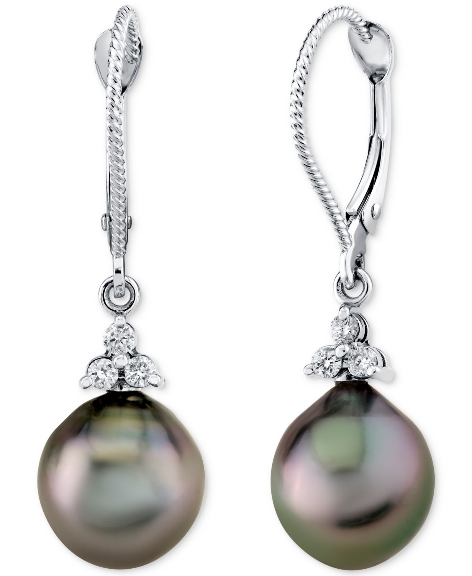 Cultured Tahitian Pearl (9mm) & Diamond (1/8 ct. t.w.) Drop Earrings in 14k White Gold