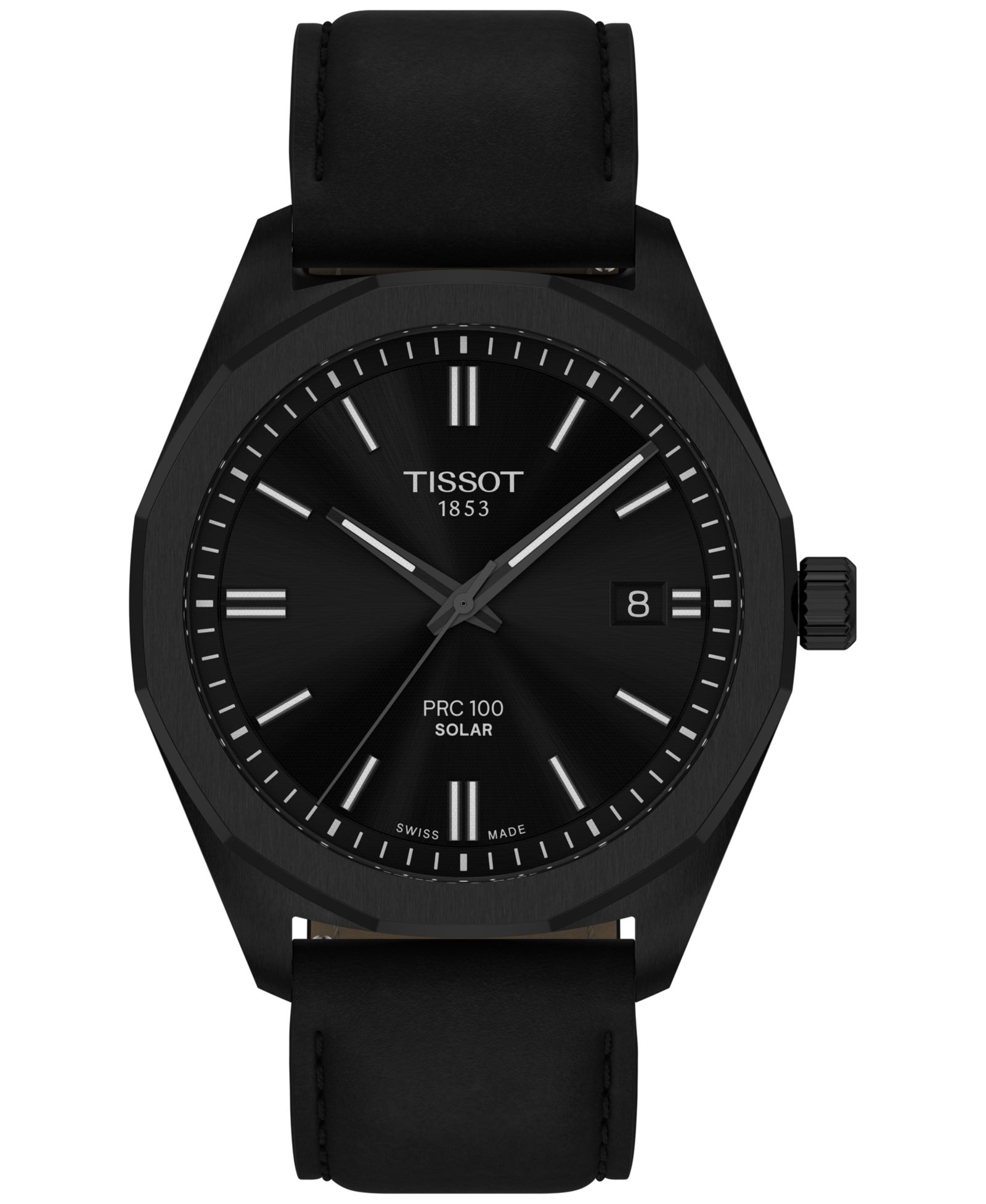 Tissot Men's Swiss PRC 100 Solar Quartz Black Leather Strap Watch 39mm