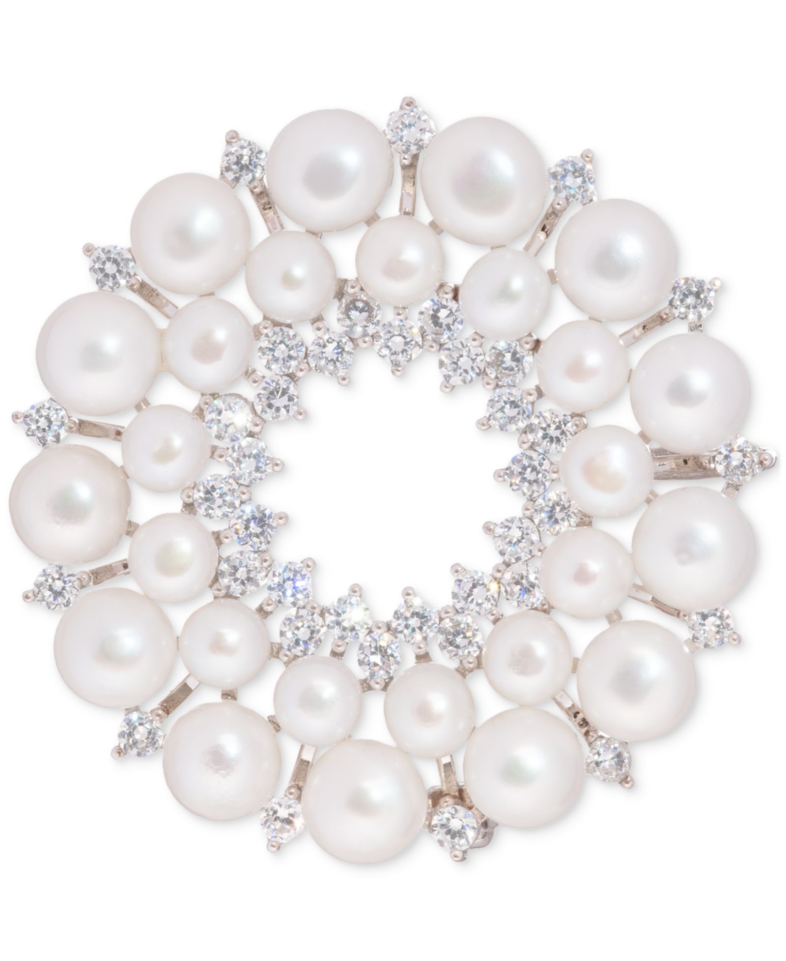 Cultured Freshwater Pearl (5 - 6 1/2mm) & Cubic Zirconia Double Circle Convertible Pin to Pendant in Sterling Silver