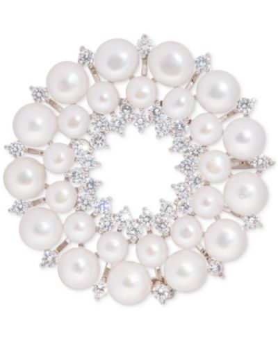 Cultured Freshwater Pearl (5 - 6 1/2mm) & Cubic Zirconia Double Circle Convertible Pin to Pendant in Sterling Silver