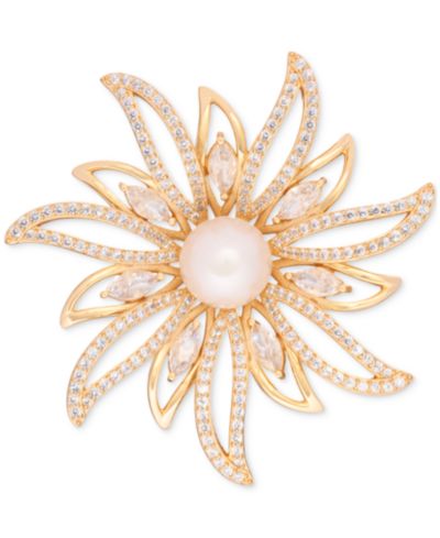Cultured Freshwater Pearl (9-1/2mm) & Cubic Zirconia Sunburst Convertible Pin to Pendant in 18K Gold-Plated Sterling Silver