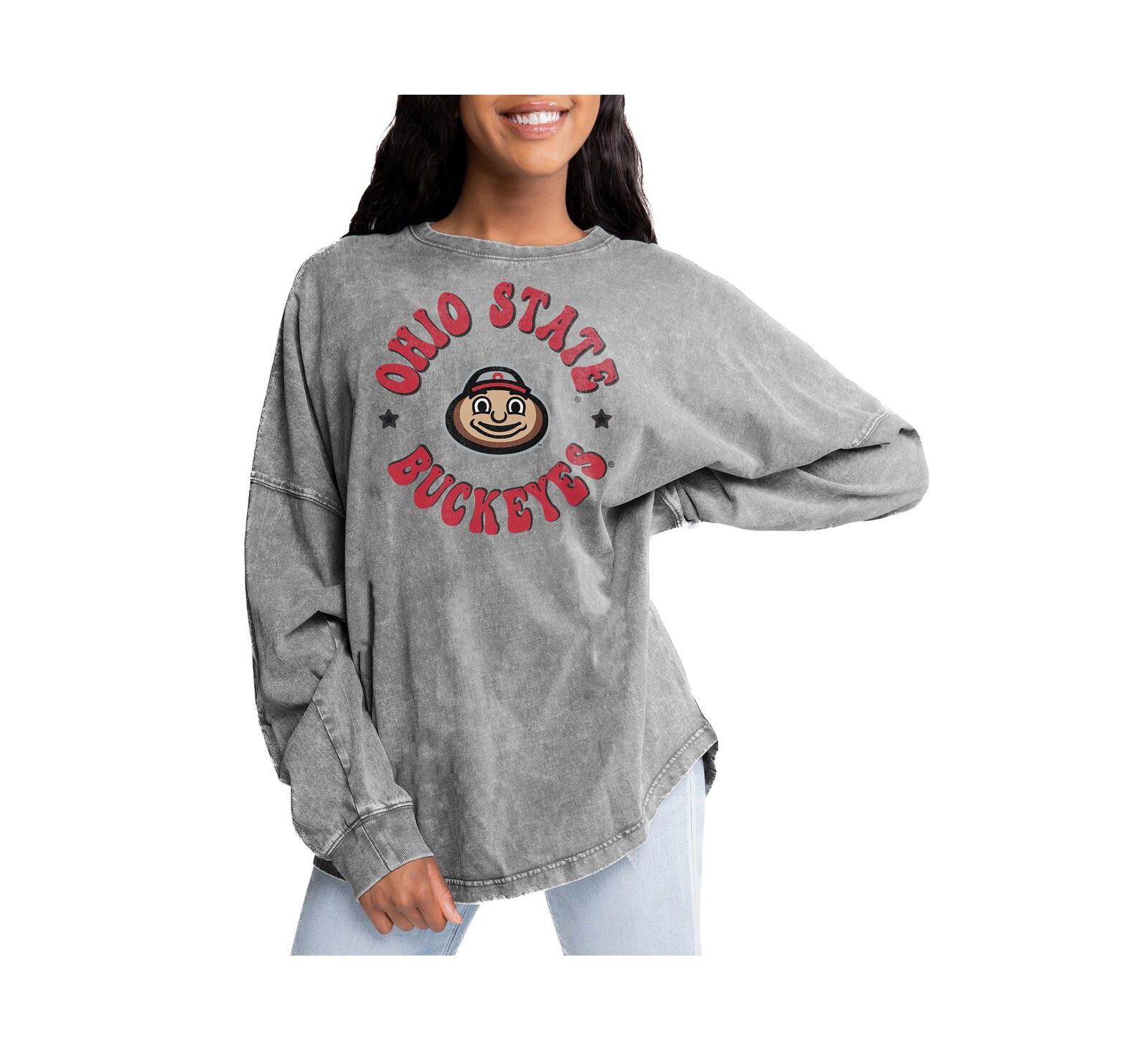 Gameday Couture Women's Gray Ohio State Buckeyes Playing Around Faded Wash Oversized Long Sleeve T-Shirt