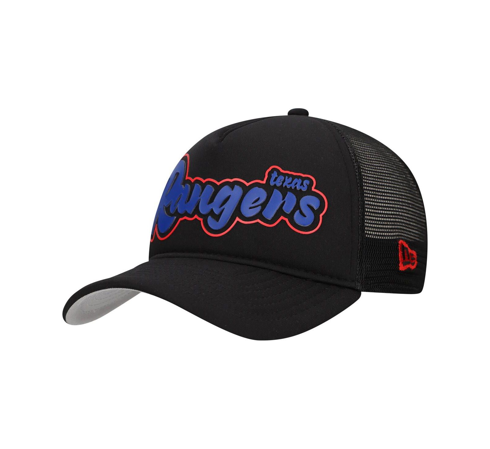 New Era Men's Black Texas Rangers Retro Bold A-Frame Trucker 9FORTY Adjustable Hat
