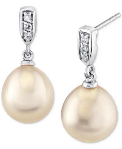 Cultured Freshwater Pearl (9mm) & Diamond Accent Drop Earrings in 14k White Gold