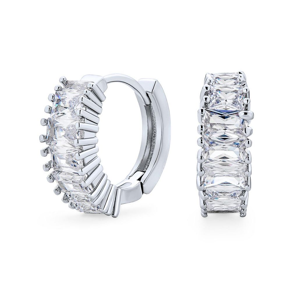 Bling Jewelry серьги-кольца Mini Hoop Huggie с кубическим цирконием изумрудной огранки и багетным краем, позолоченные