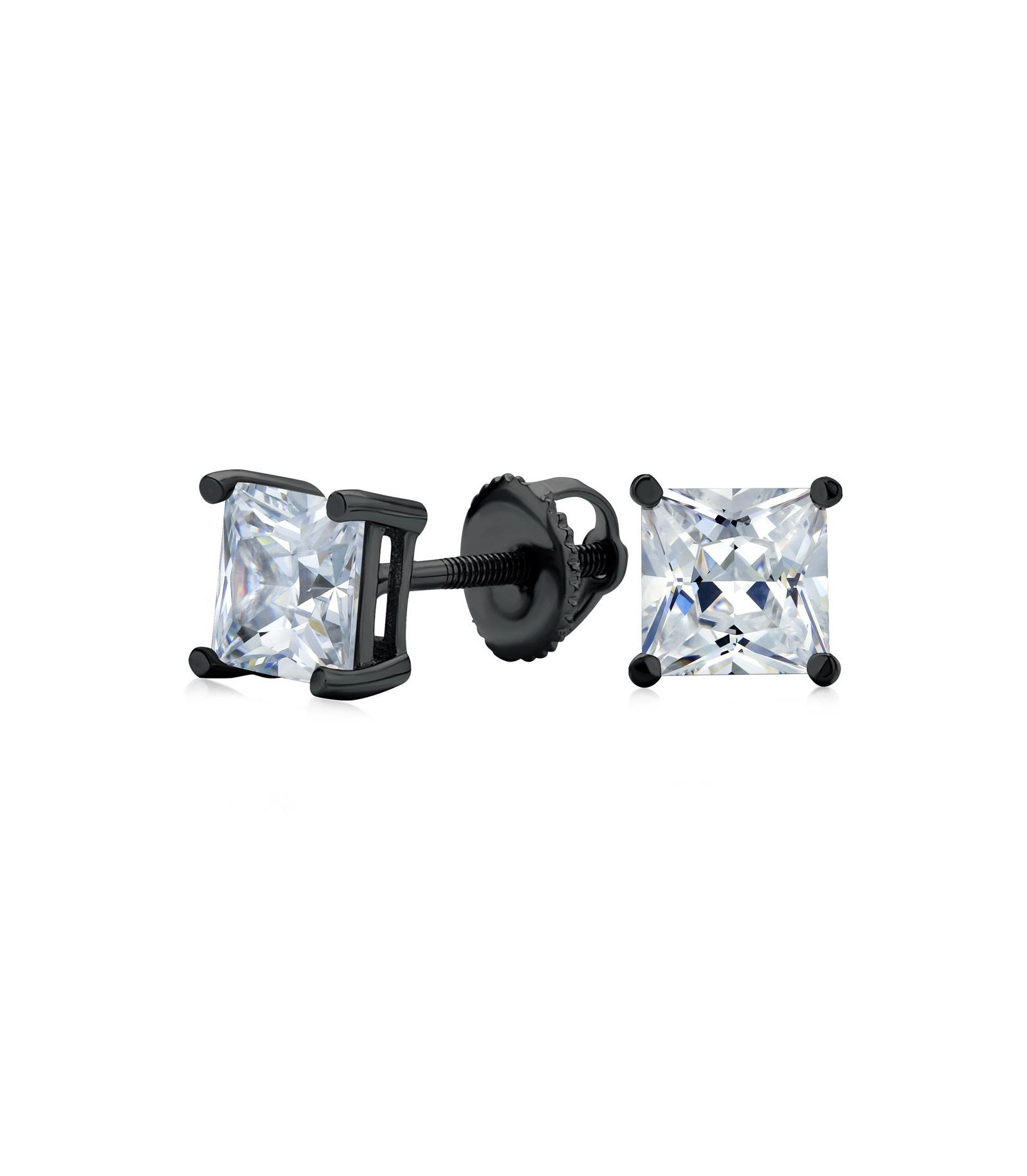 Bling Jewelry серьги-гвоздики Princess Cut Cubic Zirconia Solitaire, серебро 925, черное напыление золотом