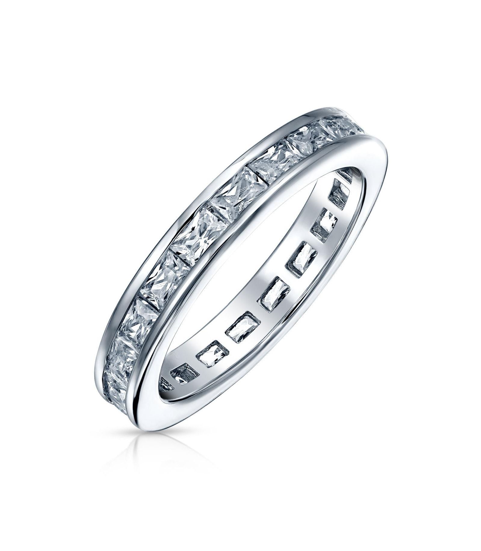Bling Jewelry Channel Set Emerald Cut CZ Eternity Band Ring Sterling Silver 2MM Stackable