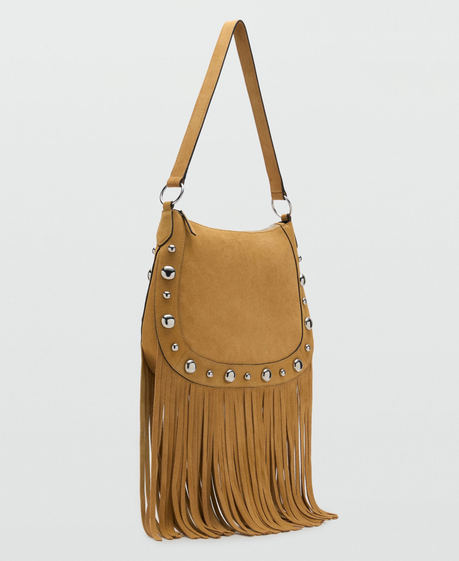 Mango Women's Fringes and Stud Details Suede Bag
