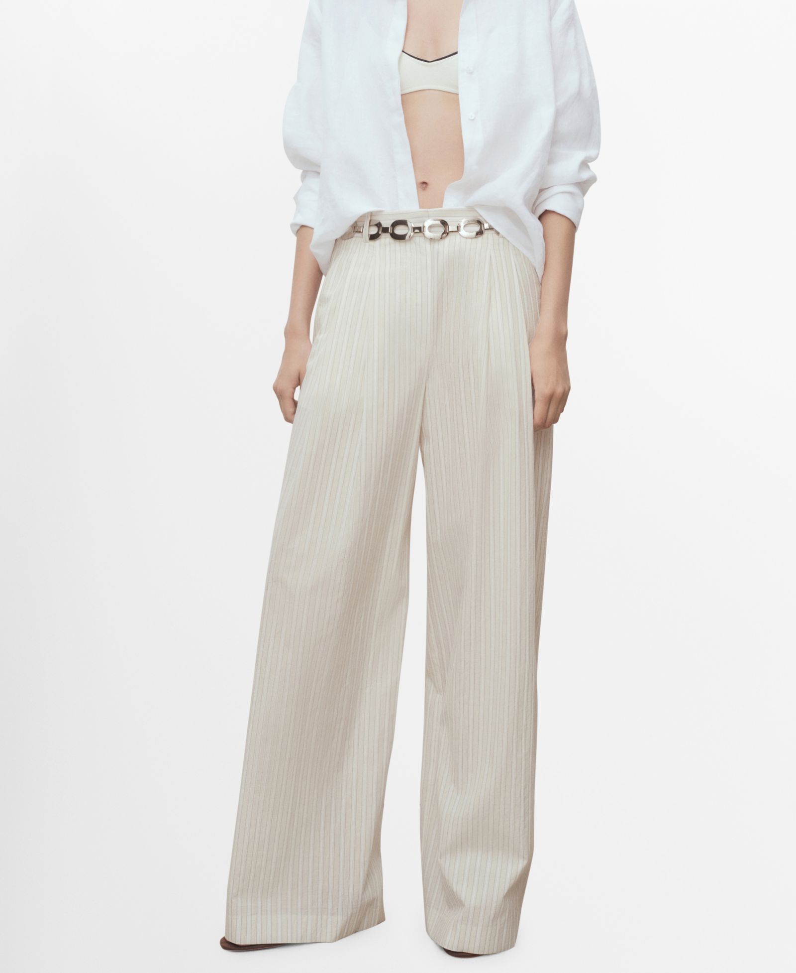 Mango Women's Striped Wide Leg Cotton Pants