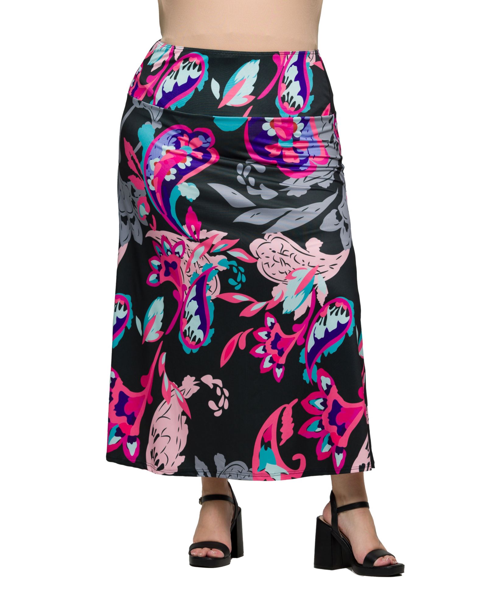 24seven Comfort Apparel Plus Size Elastic Waist A-Line Maxi Skirt