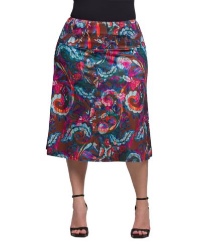 24seven Comfort Apparel Plus Size Print Comfortable Elastic Waist Knee Length Skirt