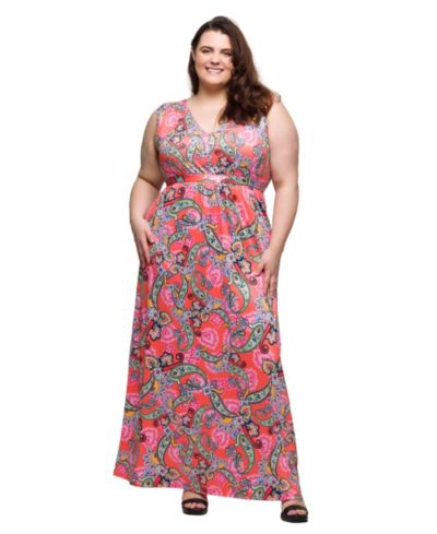24seven Comfort Apparel Plus Size Print V-Neck Empire Waist Sleeveless Maxi Dress