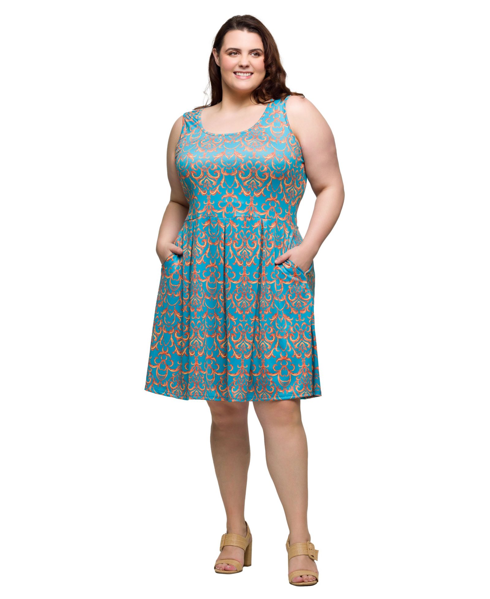 24seven Comfort Apparel Plus Size Sleeveless Pleated Knee Length Pocket Dress