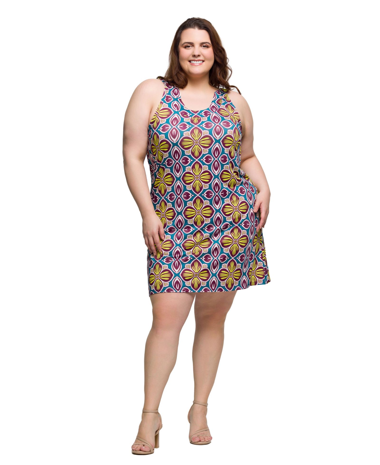 24seven Comfort Apparel Plus Size Print Sleeveless Knee Length Shift Dress