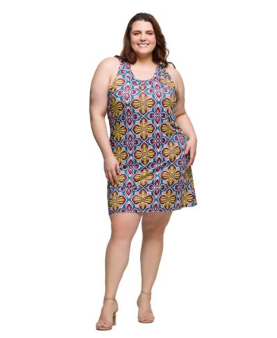24seven Comfort Apparel Plus Size Print Sleeveless Knee Length Shift Dress