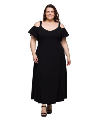 24seven Comfort Apparel Plus Size Cold Shoulder Ruffle Sleeve A-Line Maxi Dress