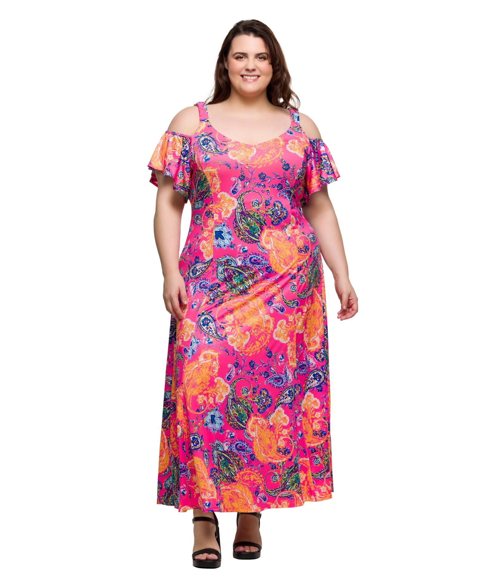 Платье 24seven Comfort Apparel Plus Size Cold Shoulder Ruffle Sleeve A-Line Maxi