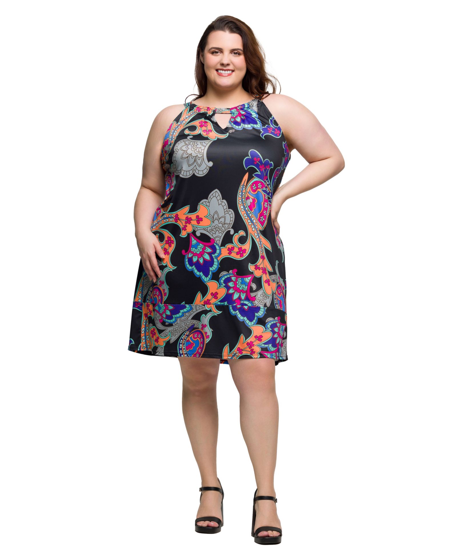 24seven Comfort Apparel Plus Size Knee Length Print Sleeveless Keyhole Dress