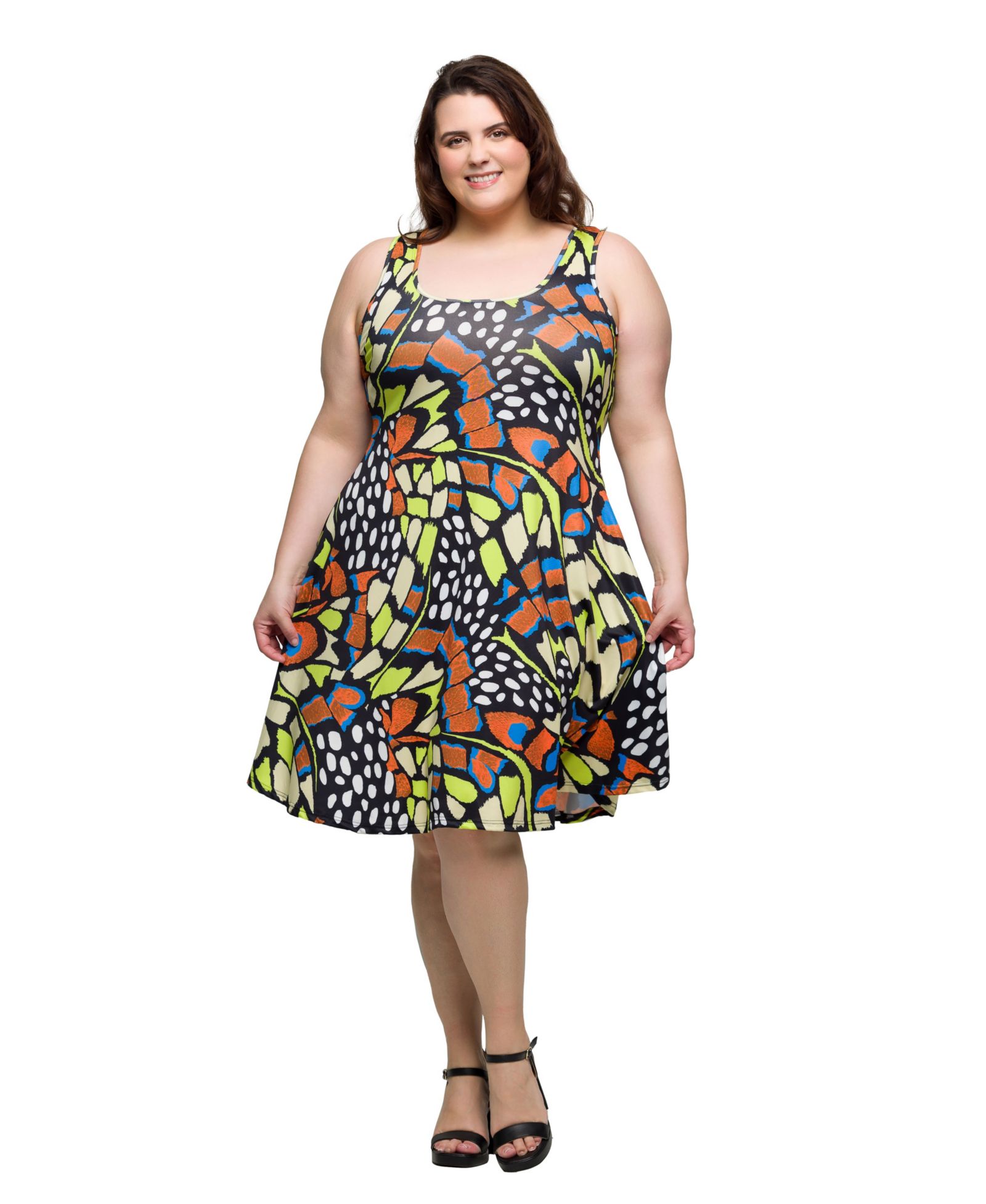 24seven Comfort Apparel Plus Size Print Sleeveless Knee Length Tank Swing Dress