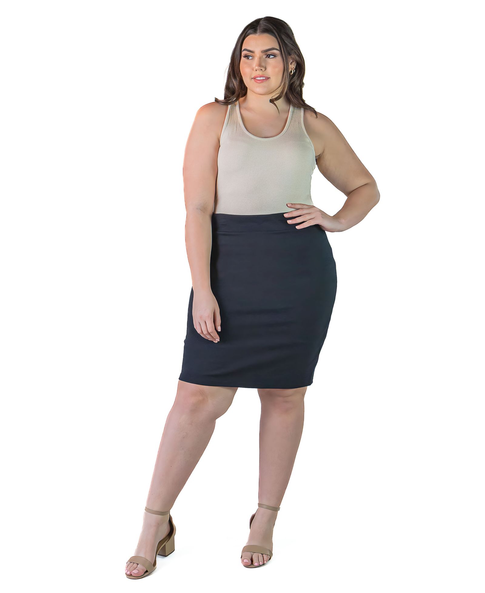 24seven Comfort Apparel Plus Size Solid Color Elastic Waist Knee Length Pencil Skirt