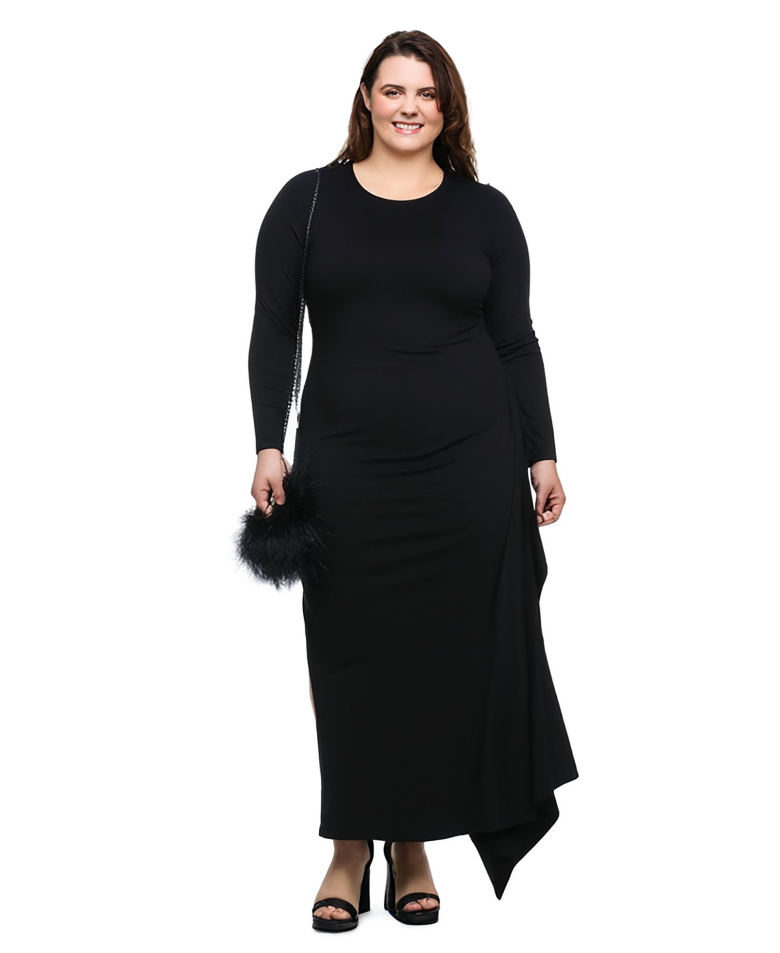 24seven Comfort Apparel Plus Size Long Sleeve Side Slit Fitted Maxi Dress