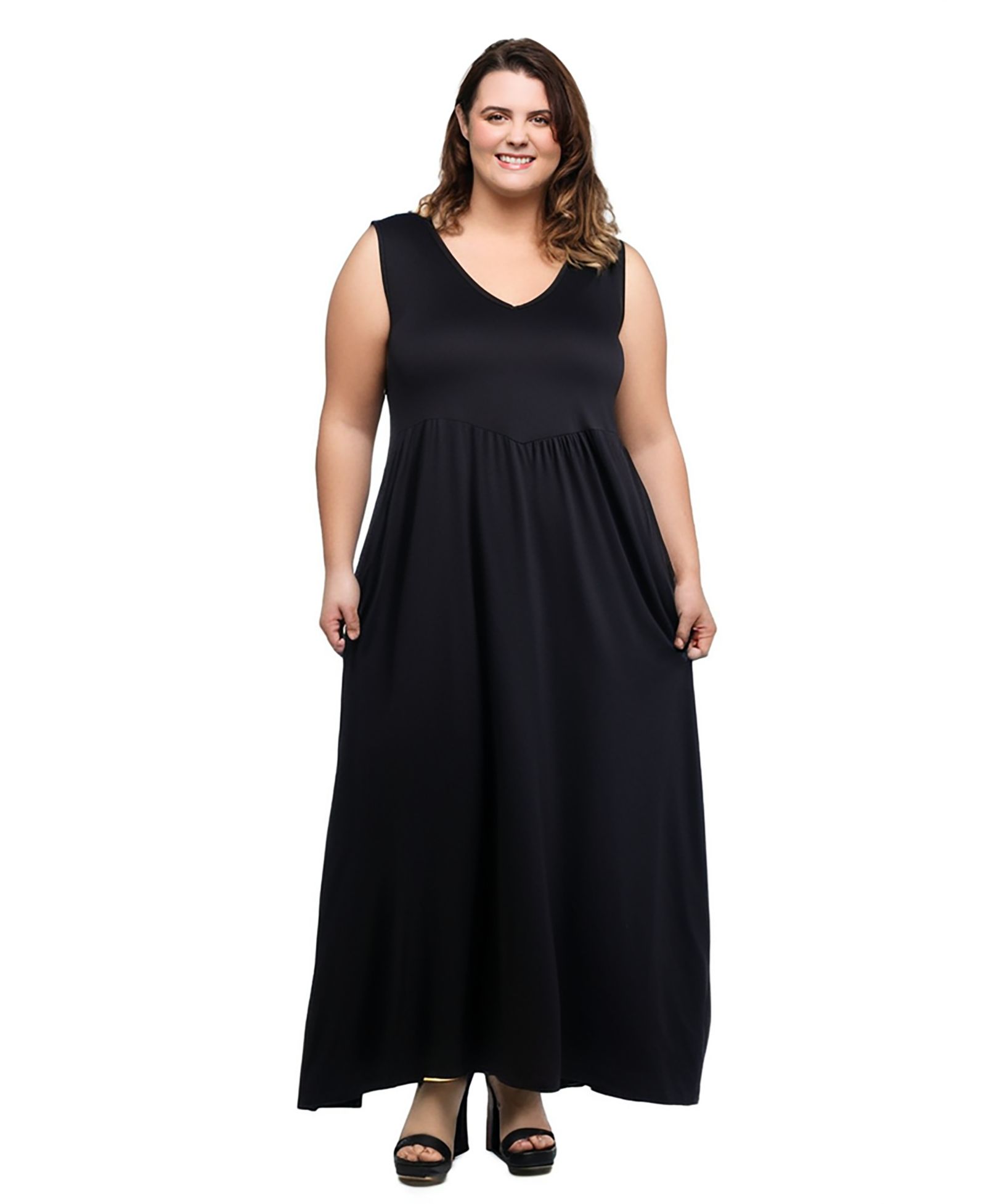 24seven Comfort Apparel Plus Size Maxi Sleeveless Dress with Pockets