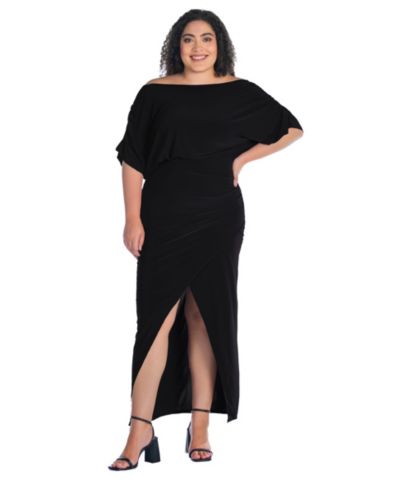 24seven Comfort Apparel Plus Size Boat Neck Batwing Sleeve Slit Maxi Dress