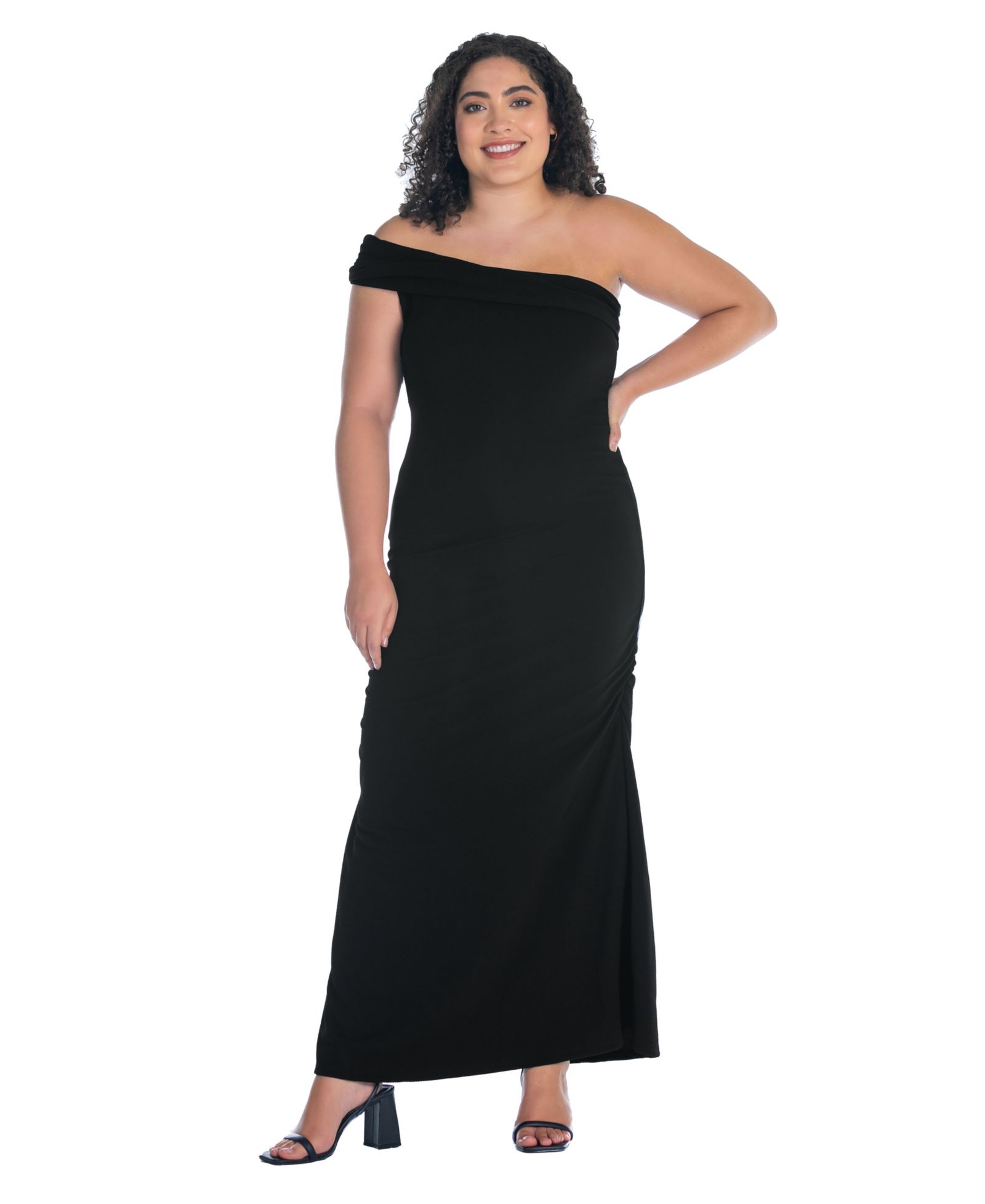 24seven Comfort Apparel Plus Size Formal One Shoulder Ruched Mermaid Maxi Dress