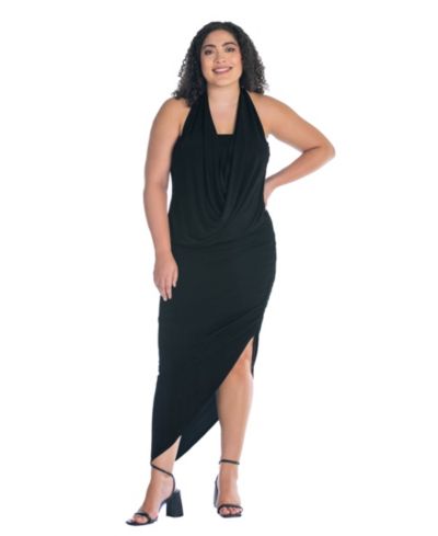 24seven Comfort Apparel Plus Size Cowl Neck Long Asymmetrical Backless Halter Dress