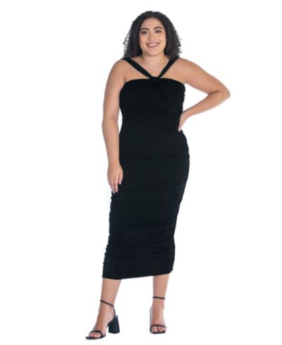 24seven Comfort Apparel Plus Size Halter Cross Neck Ruched Bodycon Mid Dress