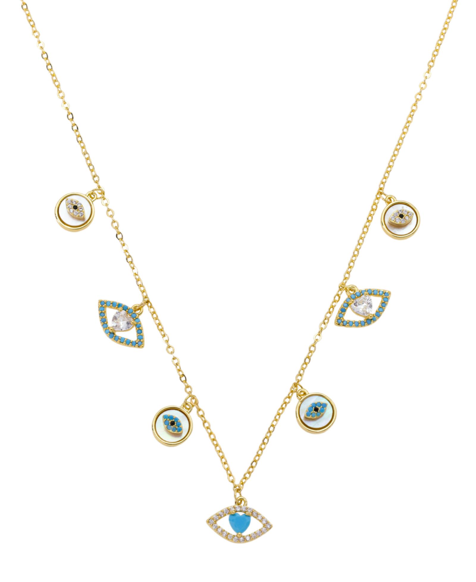 Unwritten Mother of Pearl Inlay, Clear Black Turquoise, Evil Eye Turquoise and Clear Heart Necklace