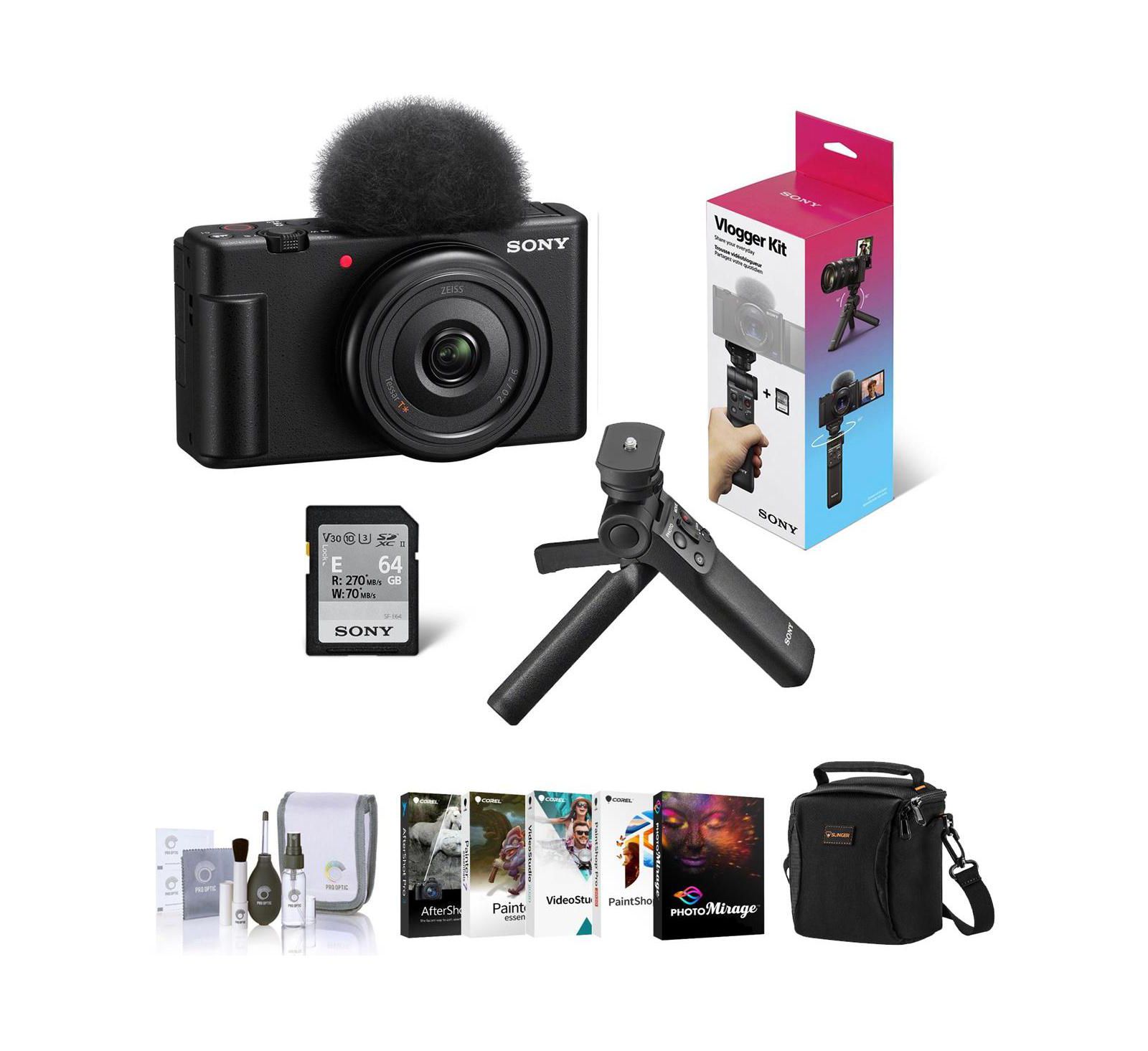Камера для влоги Sony ZV-1F, черная, комплект с рукояткой GP-VPT3, ПО Corel PC, сумкой и набором для чистки