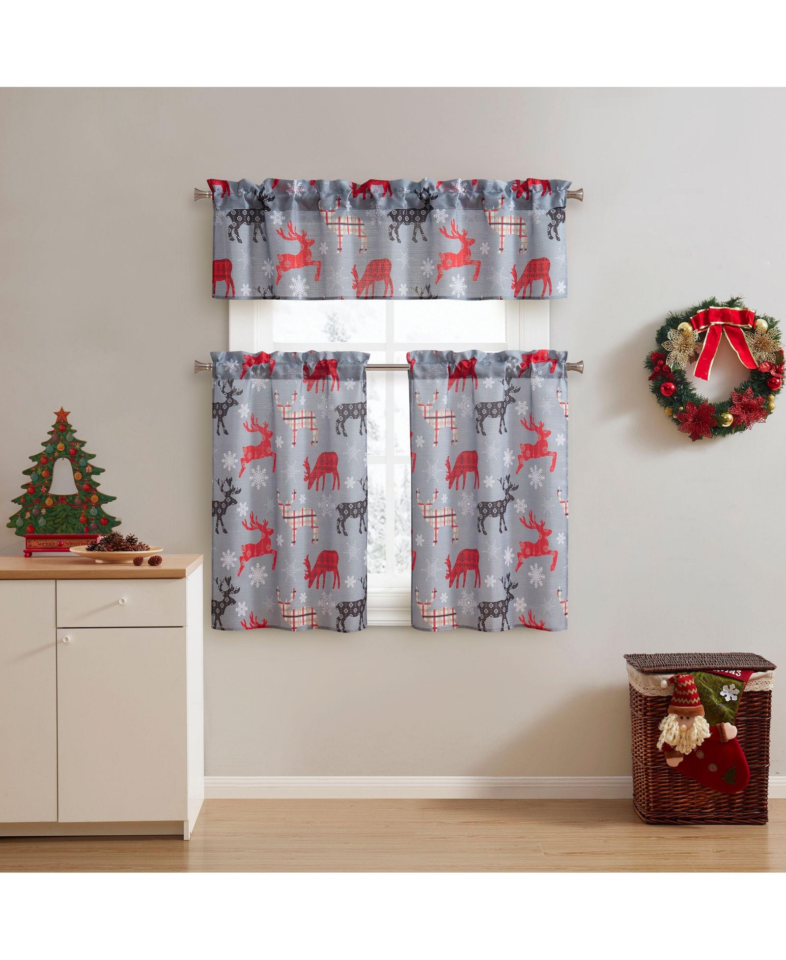 Kate Aurora Complete Plaid Christmas Reindeer Snowflakes 3 Pc Kitchen Curtain Tier And Valance Set