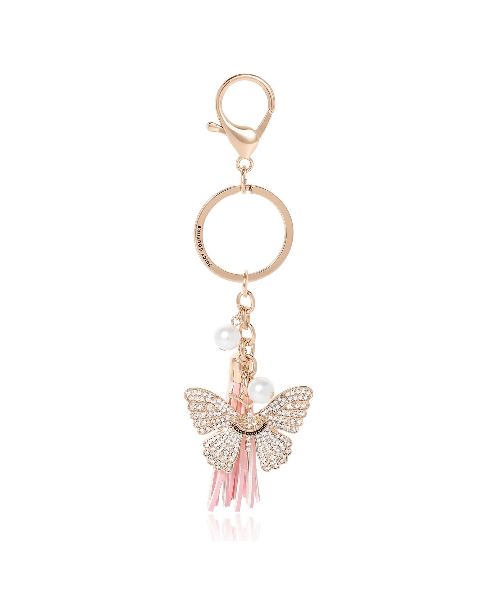 Juicy Couture Butterfly Keychain for Women with Clear Crystals, Cute Key Chain with Tassel and Faux Pearls