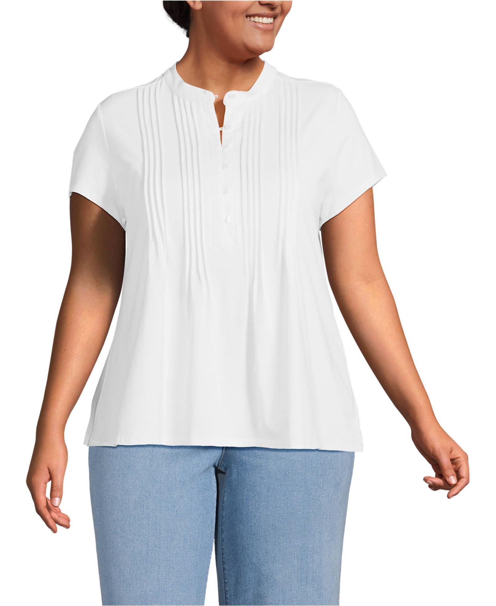 Lands' End Plus Size Lightweight Jersey Button Pintuck Top