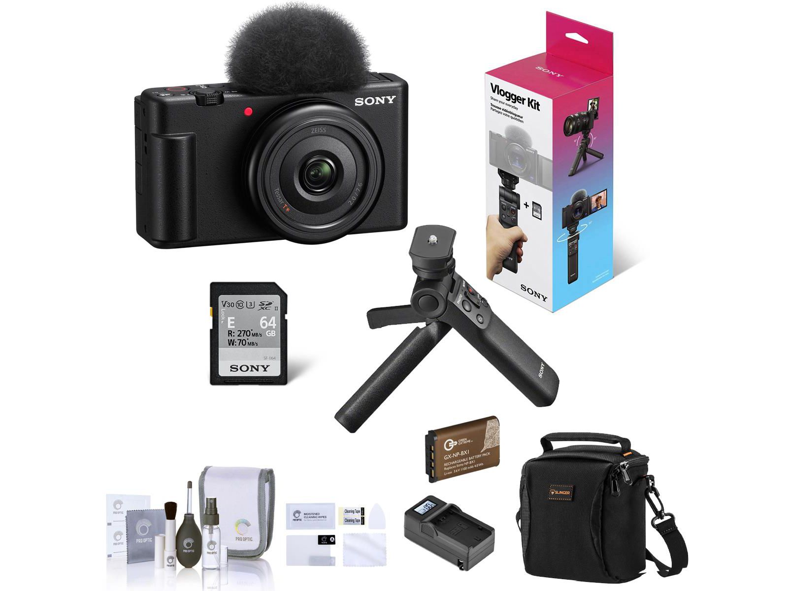 Комплект Sony ZV-1F Vlogging Camera, черный, с ручкой GP-VPT3, сумкой, аккумулятором и аксессуарами