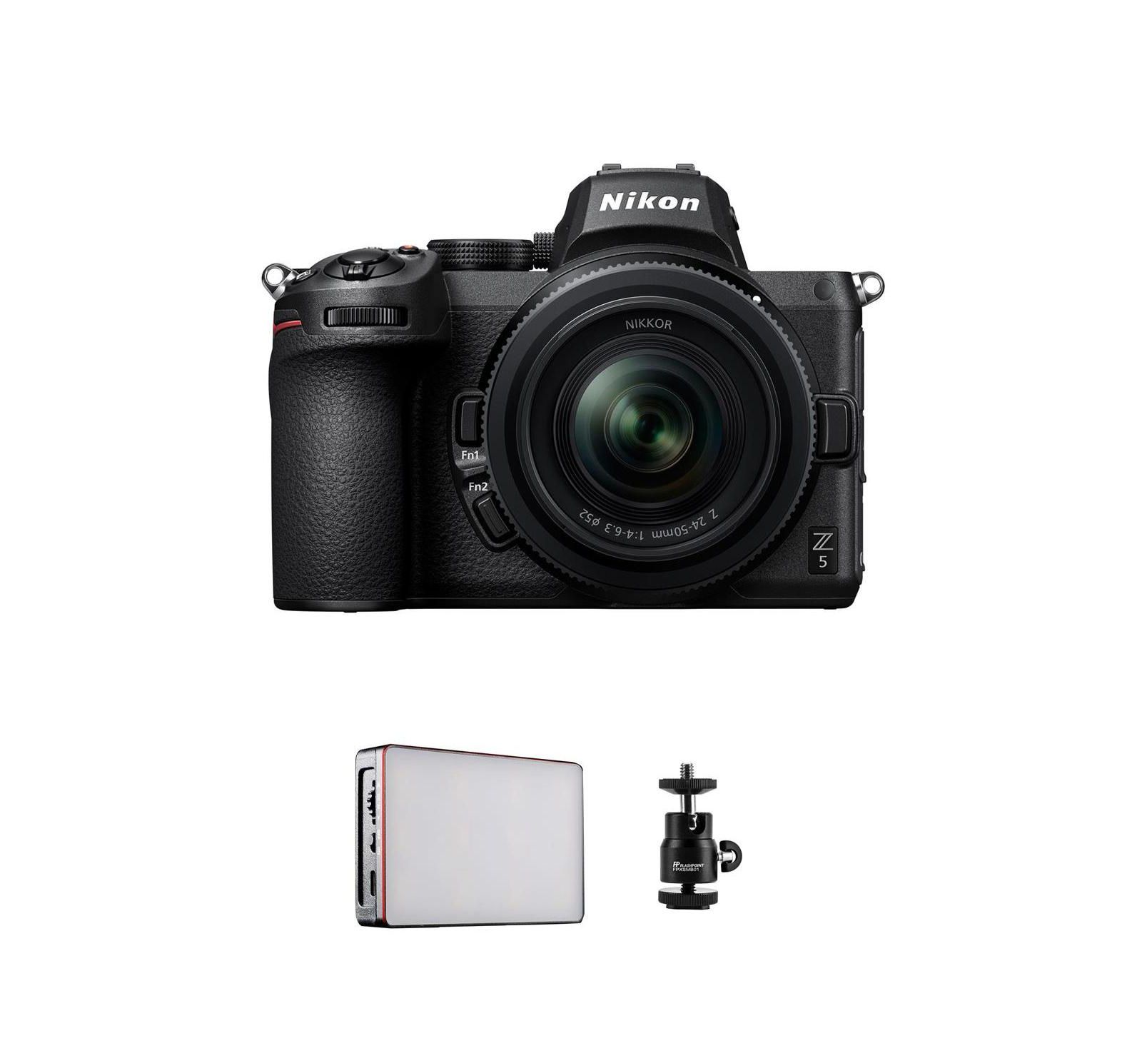Беззеркальная камера Nikon Z5 с полнокадровым сенсором и объективом NIKKOR Z 24-50mm 4-6.3, комплект со светодиодной лампой Aputure MC RGBWW Mini и мини-головкой