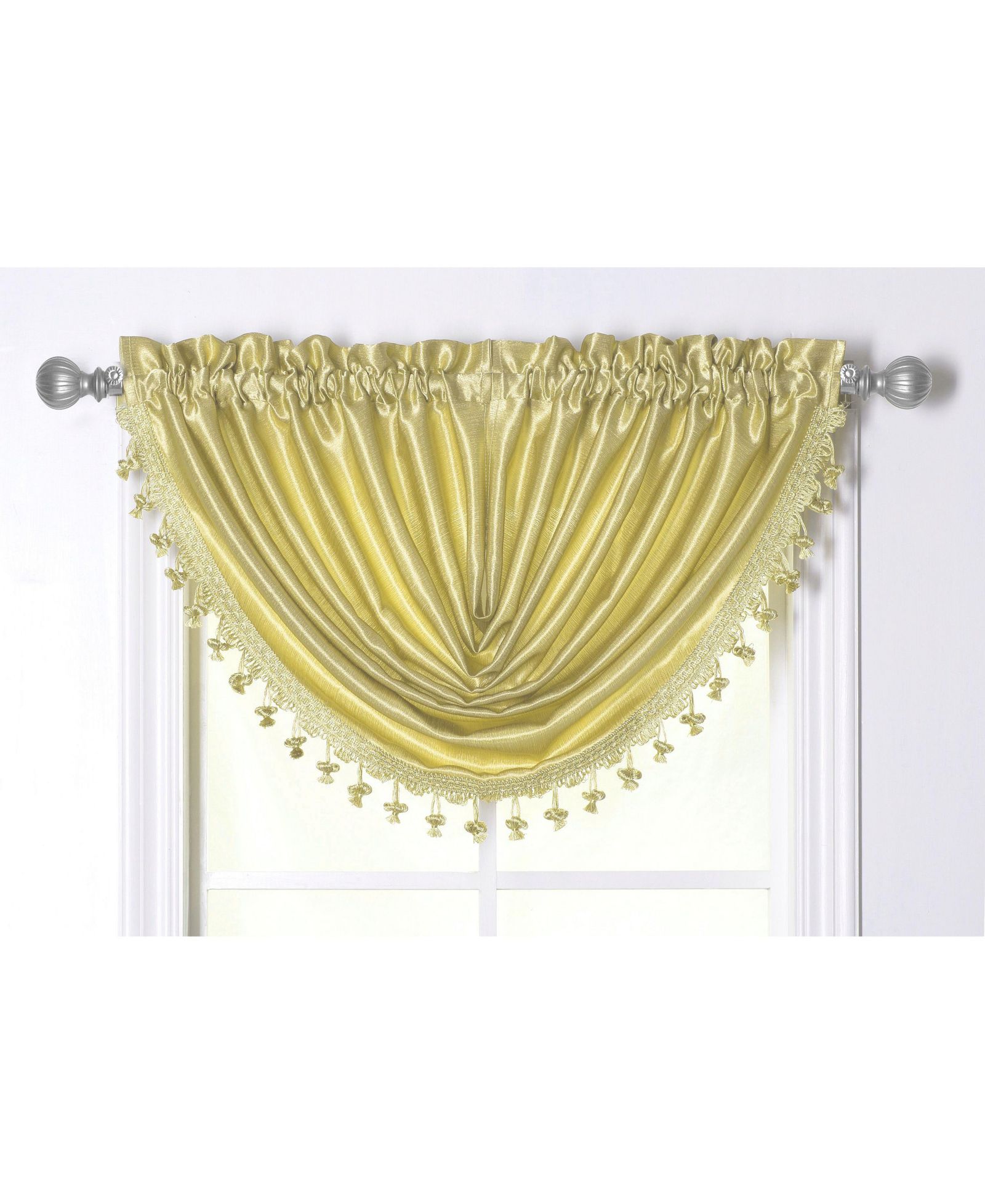 Kate Aurora 1 Piece Hyatt Rod Pocket Tasseled Soft Yellow Crinkle Sheer Waterfall Window Valance