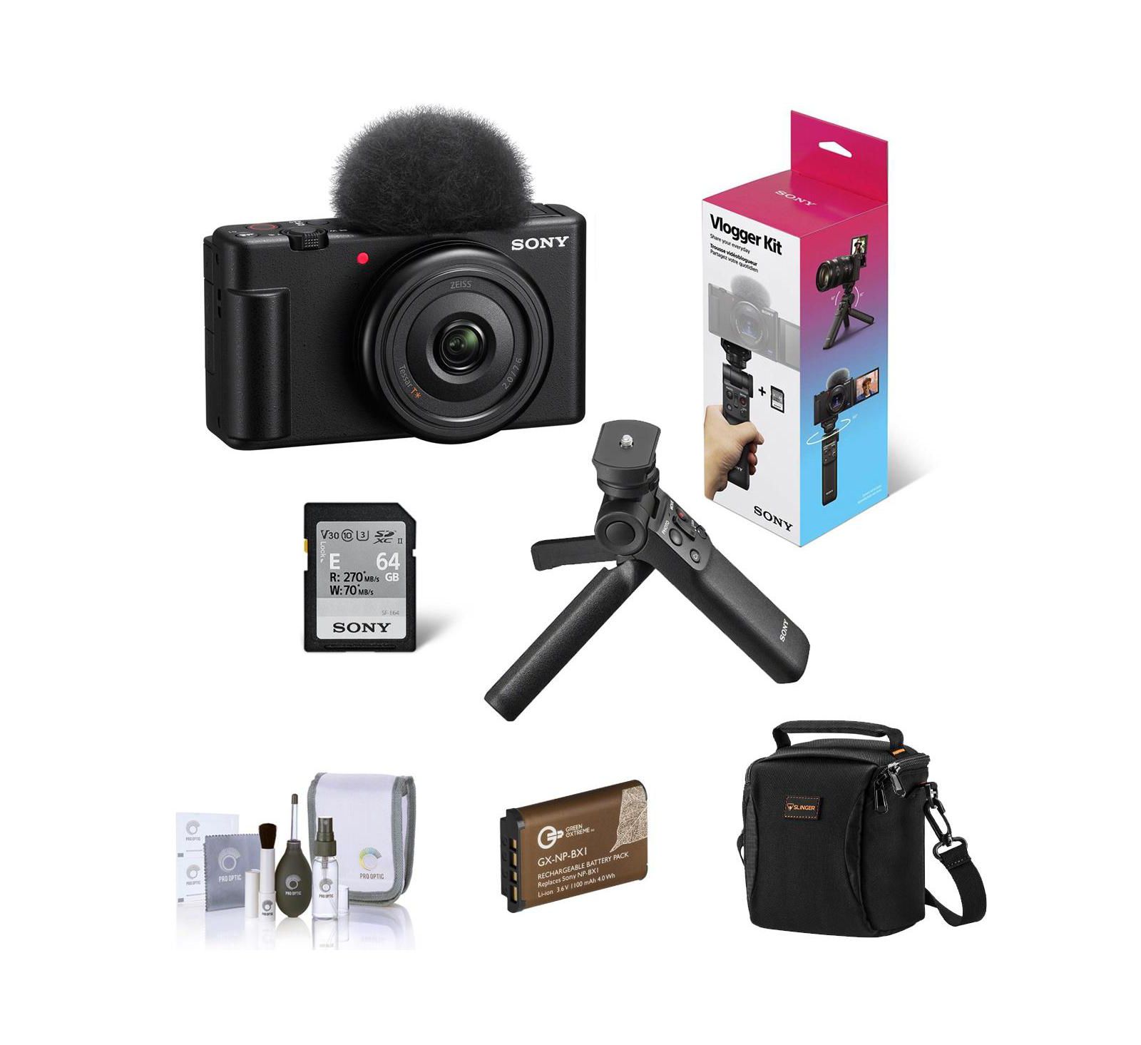 Sony ZV-1F vlogging камера, черная, комплект с рукояткой GP-VPT3, штативом, дополнительным аккумулятором, сумкой и набором для чистки