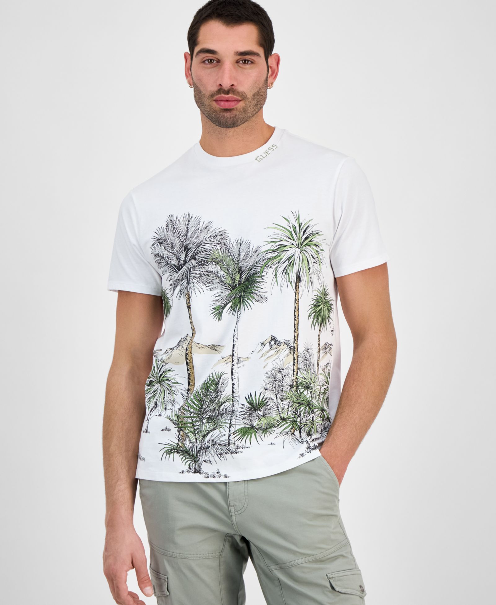 GUESS Men's Urban Palm Tree Short-Sleeve Crewneck Graphic T-Shirt