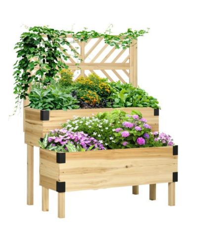 Outdoor Raised Garden Bed with Two Planter Boxes and Vertical Trellis-Light Brown