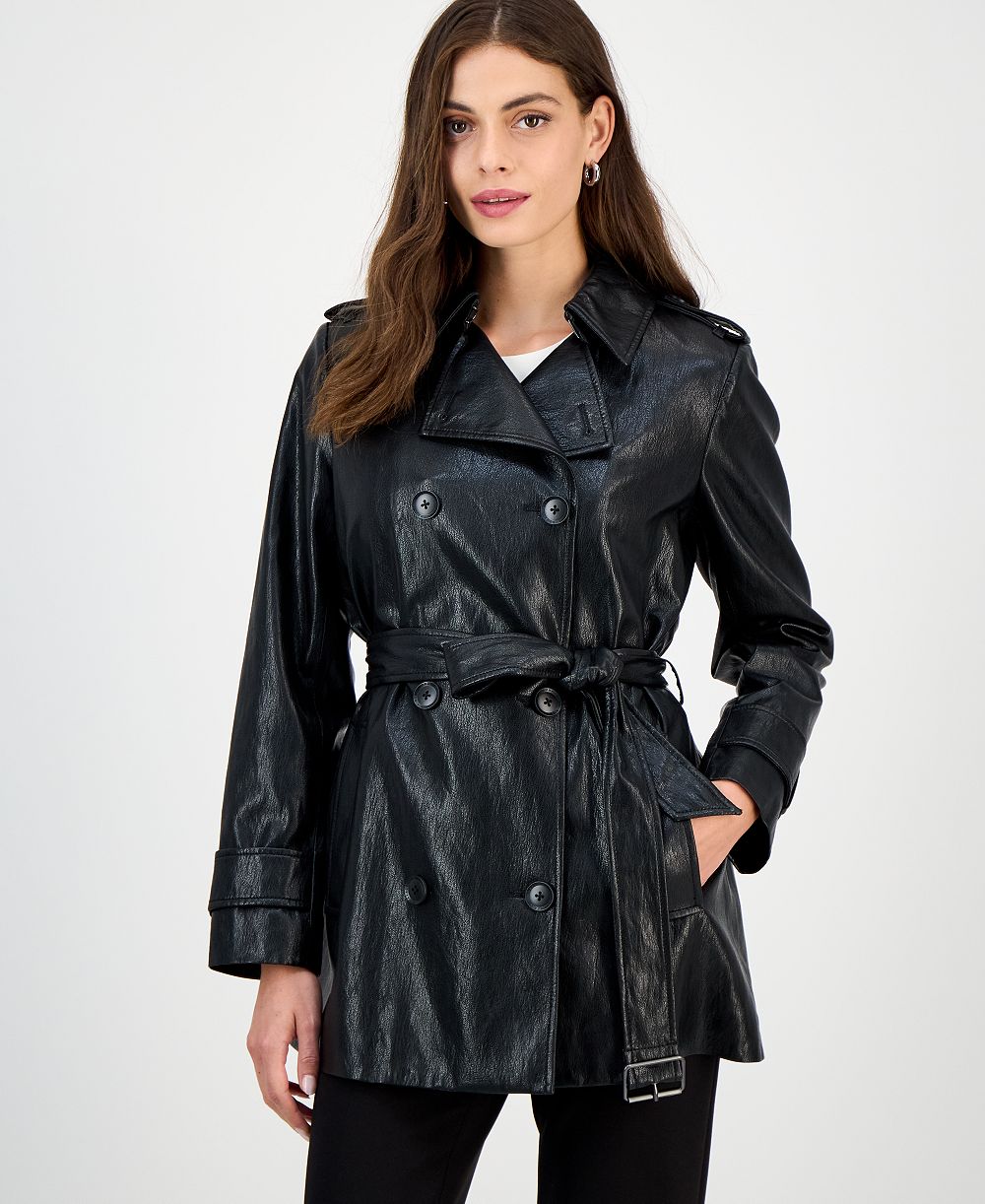 BCBGMAXAZRIA Petite Double-Breasted Faux-Leather Belted Trench Coat