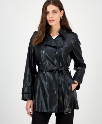 BCBGMAXAZRIA Petite Double-Breasted Faux-Leather Belted Trench Coat
