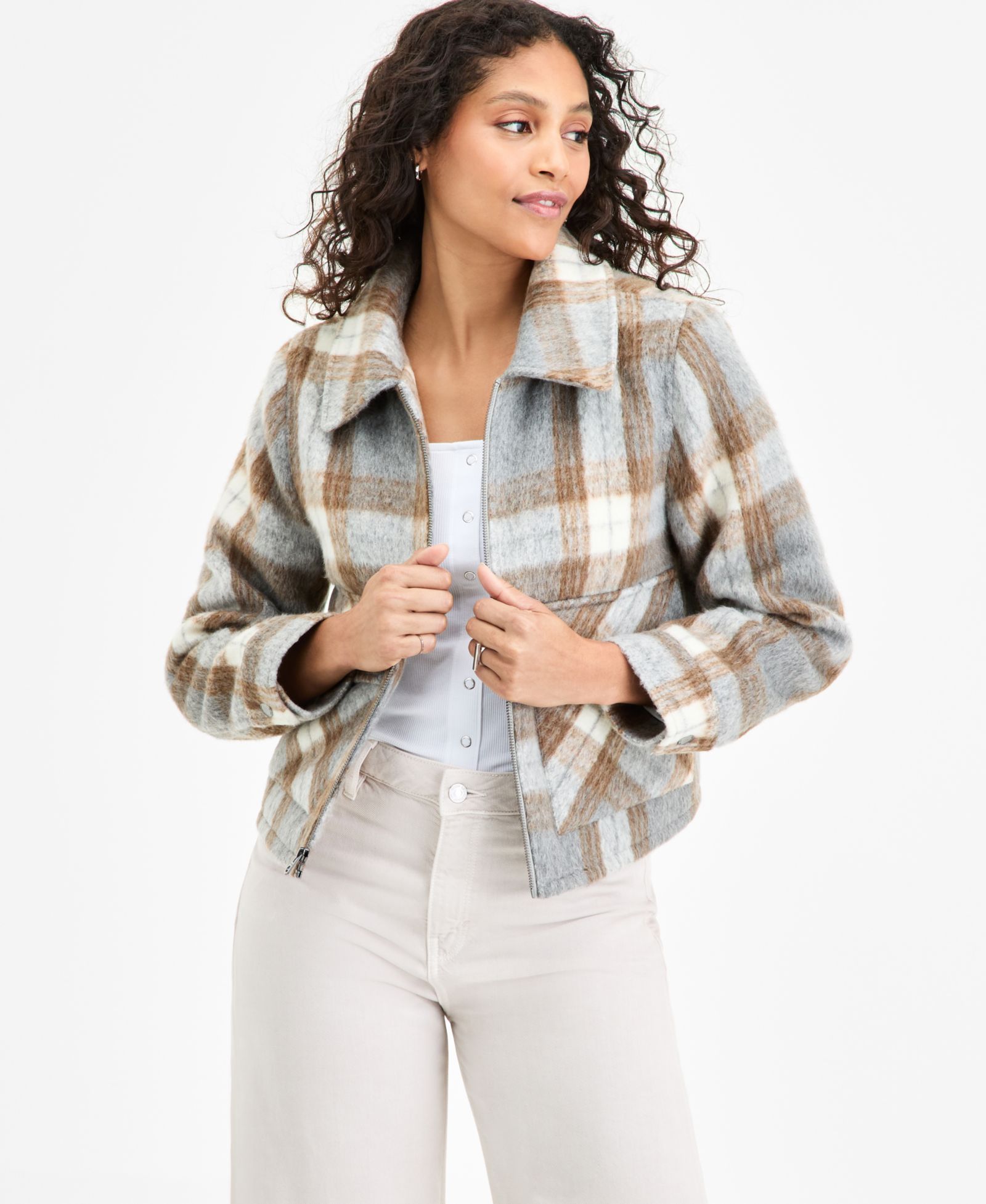 BCBG Women's Plaid Collared Zip-Front Coat