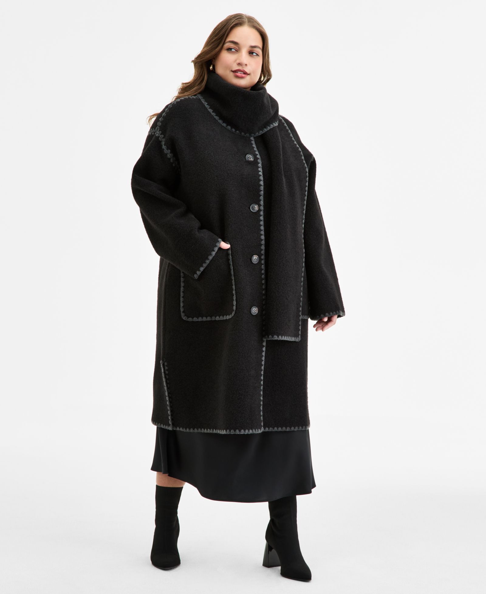 BCBGMAXAZRIA Plus Size Button-Front Edge-Stitch Scarf Coat