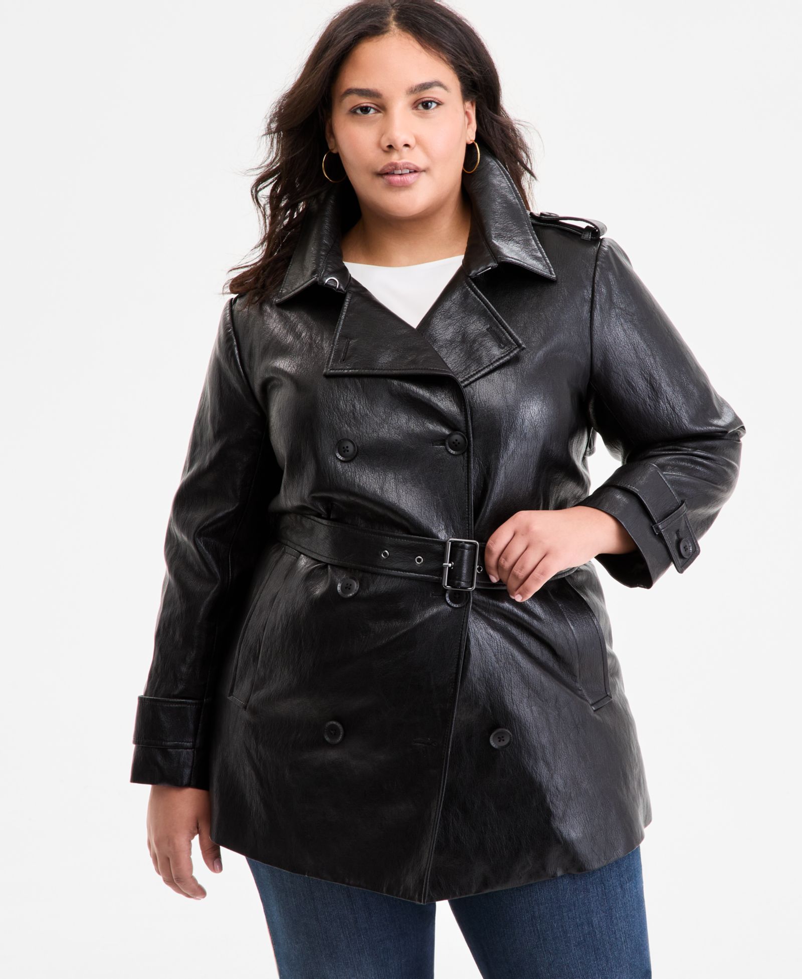Тренч BCBGMAXAZRIA Plus Size Double-Breasted Faux-Leather Belted
