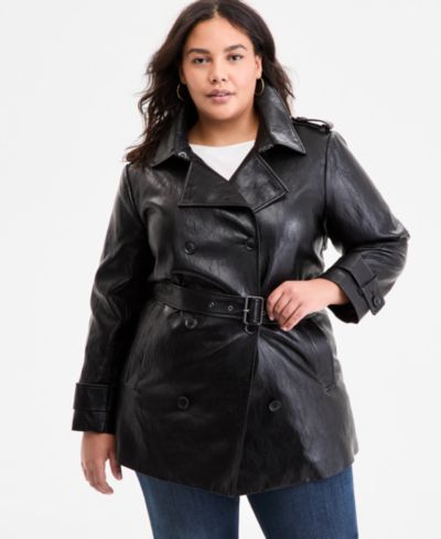 Тренч BCBGMAXAZRIA Plus Size Double-Breasted Faux-Leather Belted