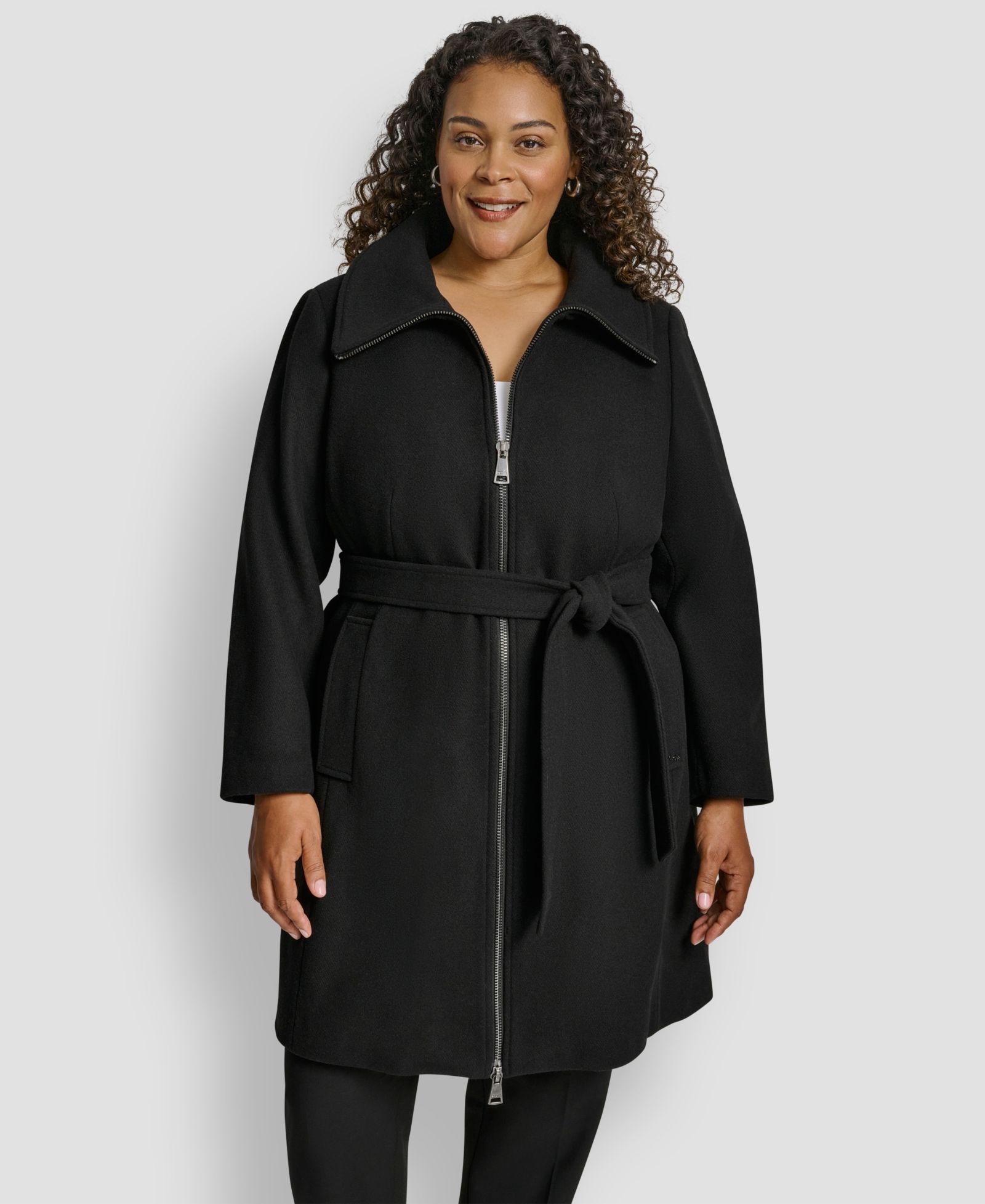 DKNY Plus Size Belted Zip-Up Wool Coat