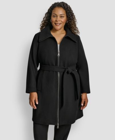 Женское шерстяное пальто DKNY Plus Size с поясом и молнией